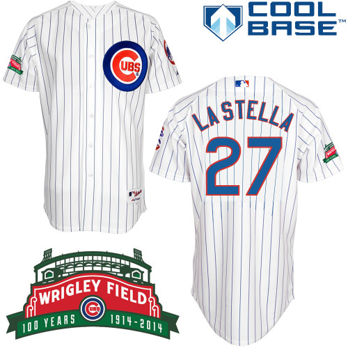 Tommy La Stella #27 mlb Jersey-Chicago Cubs Women's Authentic Wrigley Field 100th Anniversary White Baseball Jersey